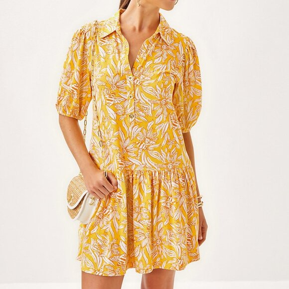 Lilly Pulitzer Bingley Dress Honeycomb Hideaway Yellow Floral Shirt Dress Small - Picture 1 of 10
